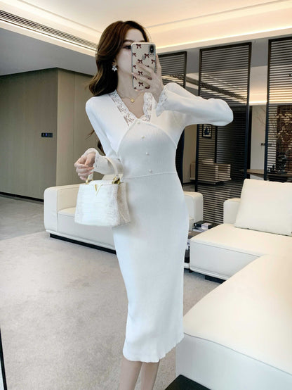 Beautiful Sheath V Neck Ribbed Knit Midi Dress Charming Long Sleeve Lace Trim Long Dress AP3665