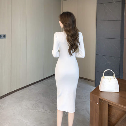 Beautiful Sheath V Neck Ribbed Knit Midi Dress Charming Long Sleeve Lace Trim Long Dress AP3665