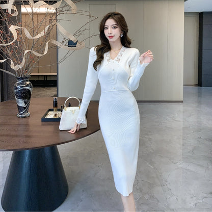 Beautiful Sheath V Neck Ribbed Knit Midi Dress Charming Long Sleeve Lace Trim Long Dress AP3665