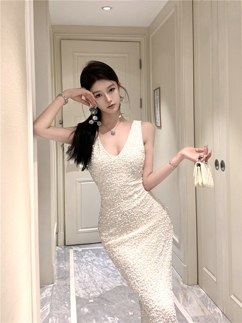 Enchanting V Neck Simple Evening Maxi Dress Fashion Glittering Sequins Design Mermaid Long Dress AP3666
