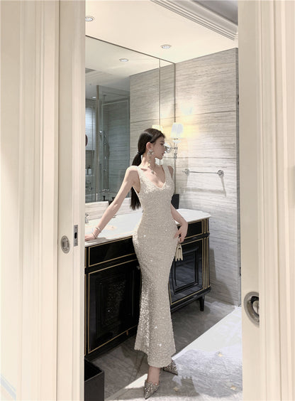 Enchanting V Neck Simple Evening Maxi Dress Fashion Glittering Sequins Design Mermaid Long Dress AP3666