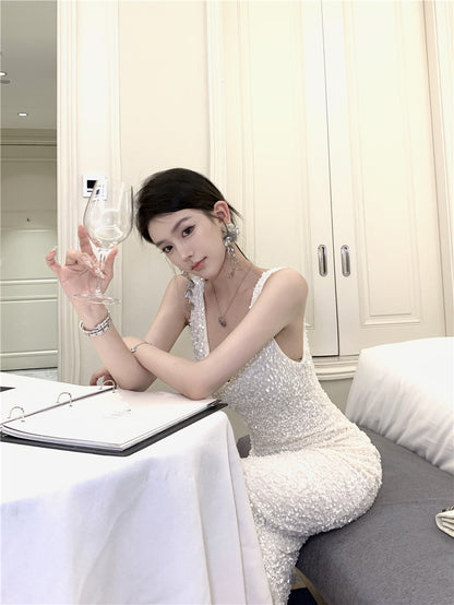 Enchanting V Neck Simple Evening Maxi Dress Fashion Glittering Sequins Design Mermaid Long Dress AP3666