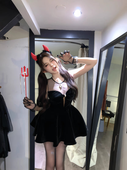 Wonderful Jewel Neck Cutout Black Mini Dress Sweet A-Line Velvet Splicing Tulle Short Dress AP3668