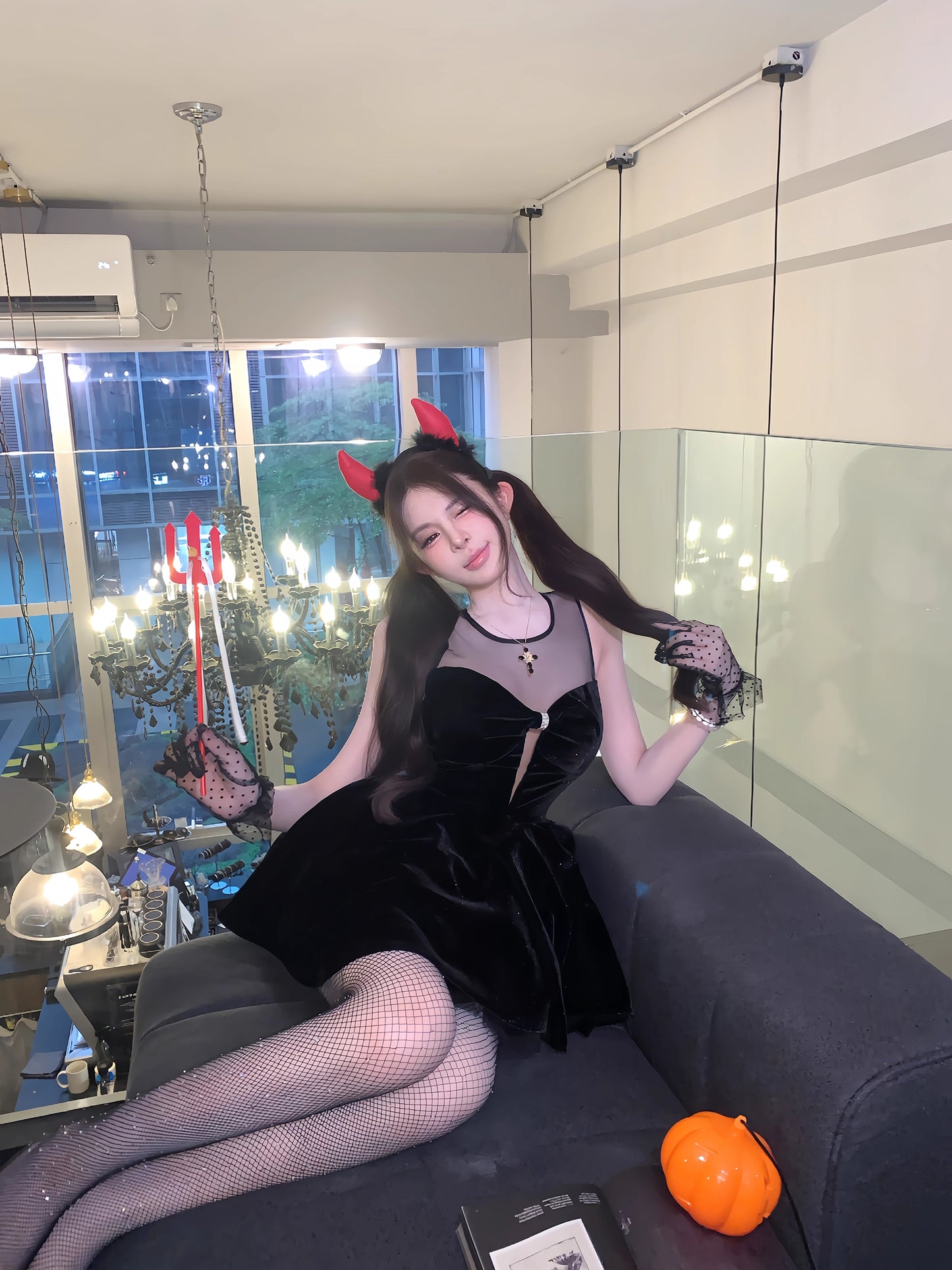 Wonderful Jewel Neck Cutout Black Mini Dress Sweet A-Line Velvet Splicing Tulle Short Dress AP3668