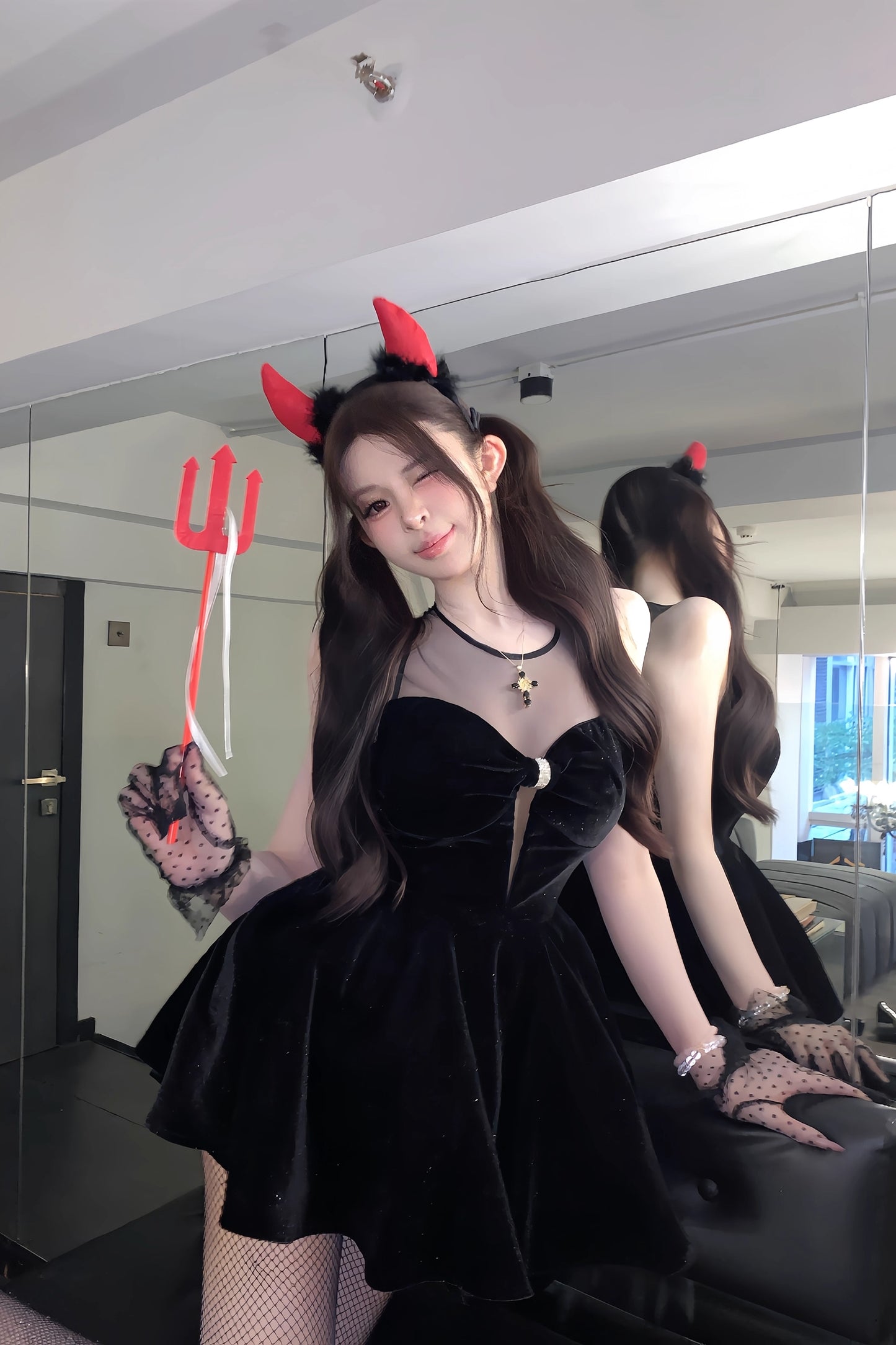 Wonderful Jewel Neck Cutout Black Mini Dress Sweet A-Line Velvet Splicing Tulle Short Dress AP3668