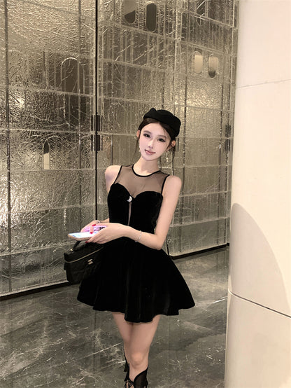 Wonderful Jewel Neck Cutout Black Mini Dress Sweet A-Line Velvet Splicing Tulle Short Dress AP3668