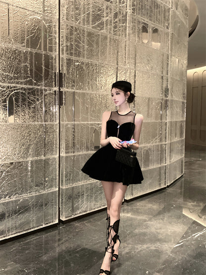 Wonderful Jewel Neck Cutout Black Mini Dress Sweet A-Line Velvet Splicing Tulle Short Dress AP3668
