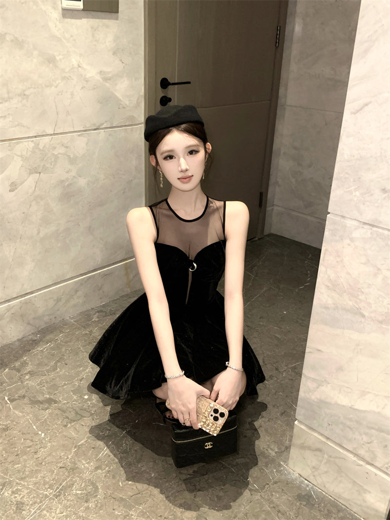 Wonderful Jewel Neck Cutout Black Mini Dress Sweet A-Line Velvet Splicing Tulle Short Dress AP3668