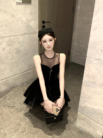 Wonderful Jewel Neck Cutout Black Mini Dress Sweet A-Line Velvet Splicing Tulle Short Dress AP3668