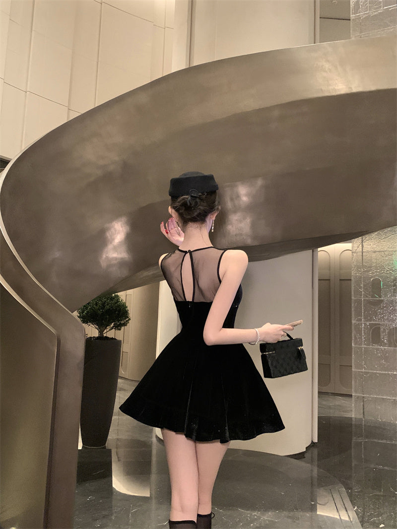 Wonderful Jewel Neck Cutout Black Mini Dress Sweet A-Line Velvet Splicing Tulle Short Dress AP3668