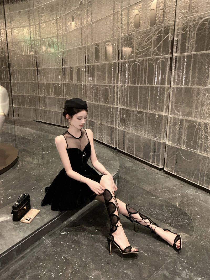 Wonderful Jewel Neck Cutout Black Mini Dress Sweet A-Line Velvet Splicing Tulle Short Dress AP3668