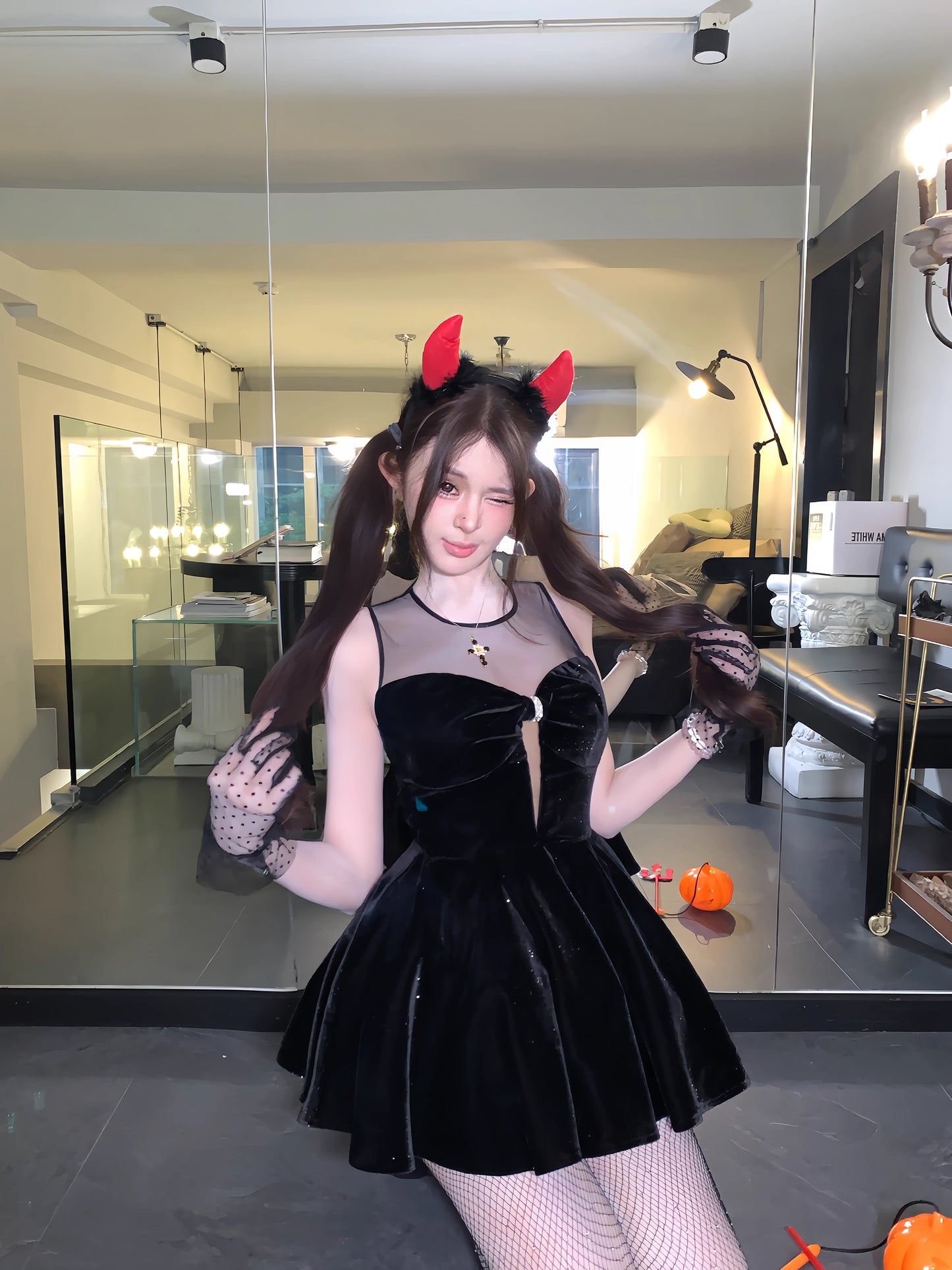 Wonderful Jewel Neck Cutout Black Mini Dress Sweet A-Line Velvet Splicing Tulle Short Dress AP3668