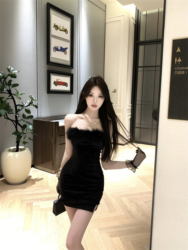 Appealing Strapless Parties Mini Dress Charming Fur Trim Black Bodycon Short Dress AP3670