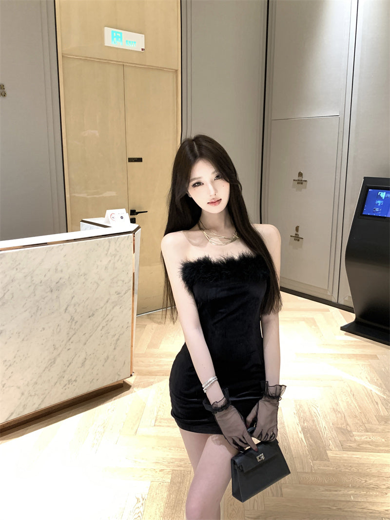 Appealing Strapless Parties Mini Dress Charming Fur Trim Black Bodycon Short Dress AP3670
