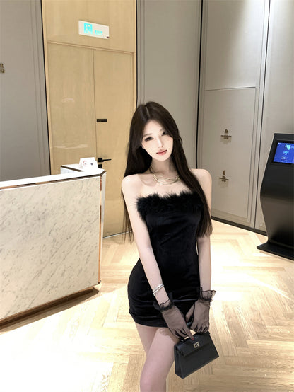 Appealing Strapless Parties Mini Dress Charming Fur Trim Black Bodycon Short Dress AP3670