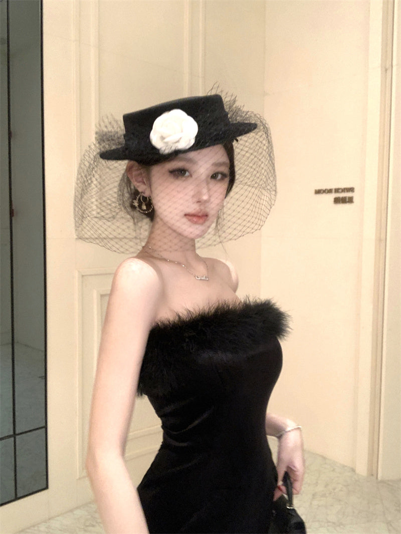 Appealing Strapless Parties Mini Dress Charming Fur Trim Black Bodycon Short Dress AP3670