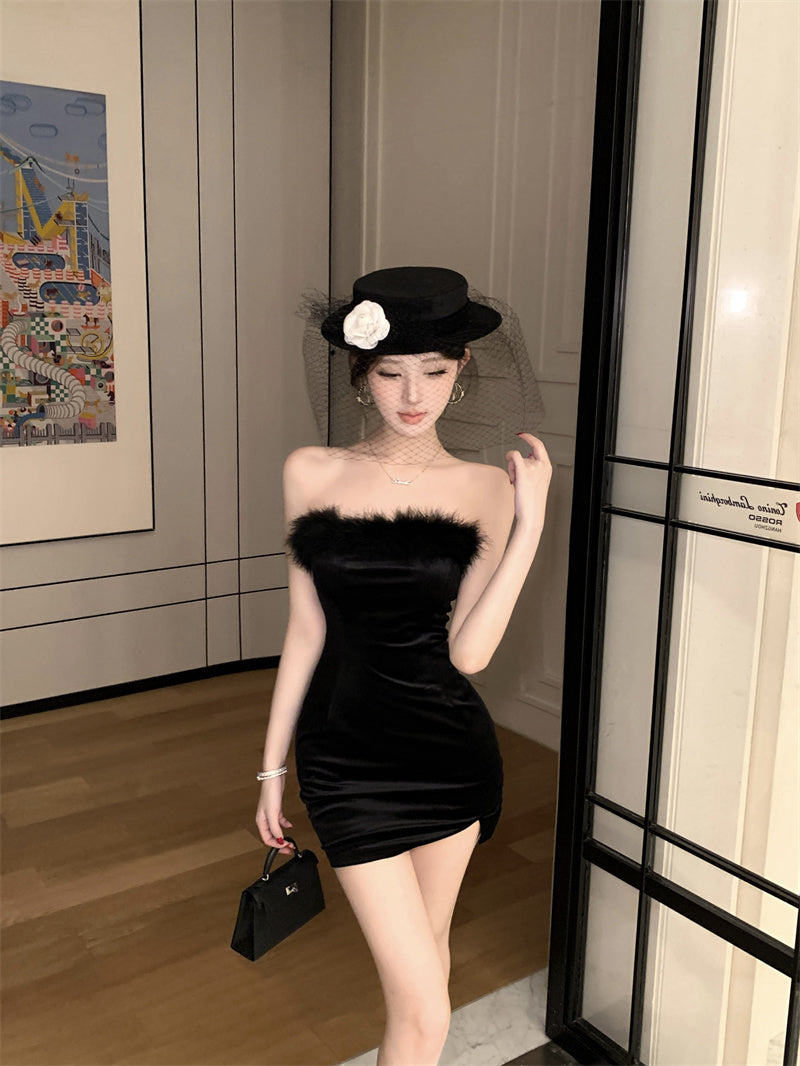 Appealing Strapless Parties Mini Dress Charming Fur Trim Black Bodycon Short Dress AP3670