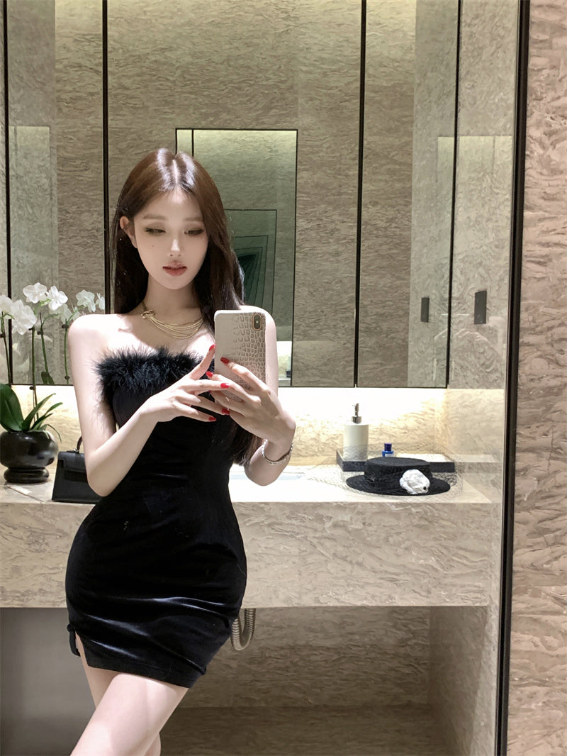 Appealing Strapless Parties Mini Dress Charming Fur Trim Black Bodycon Short Dress AP3670