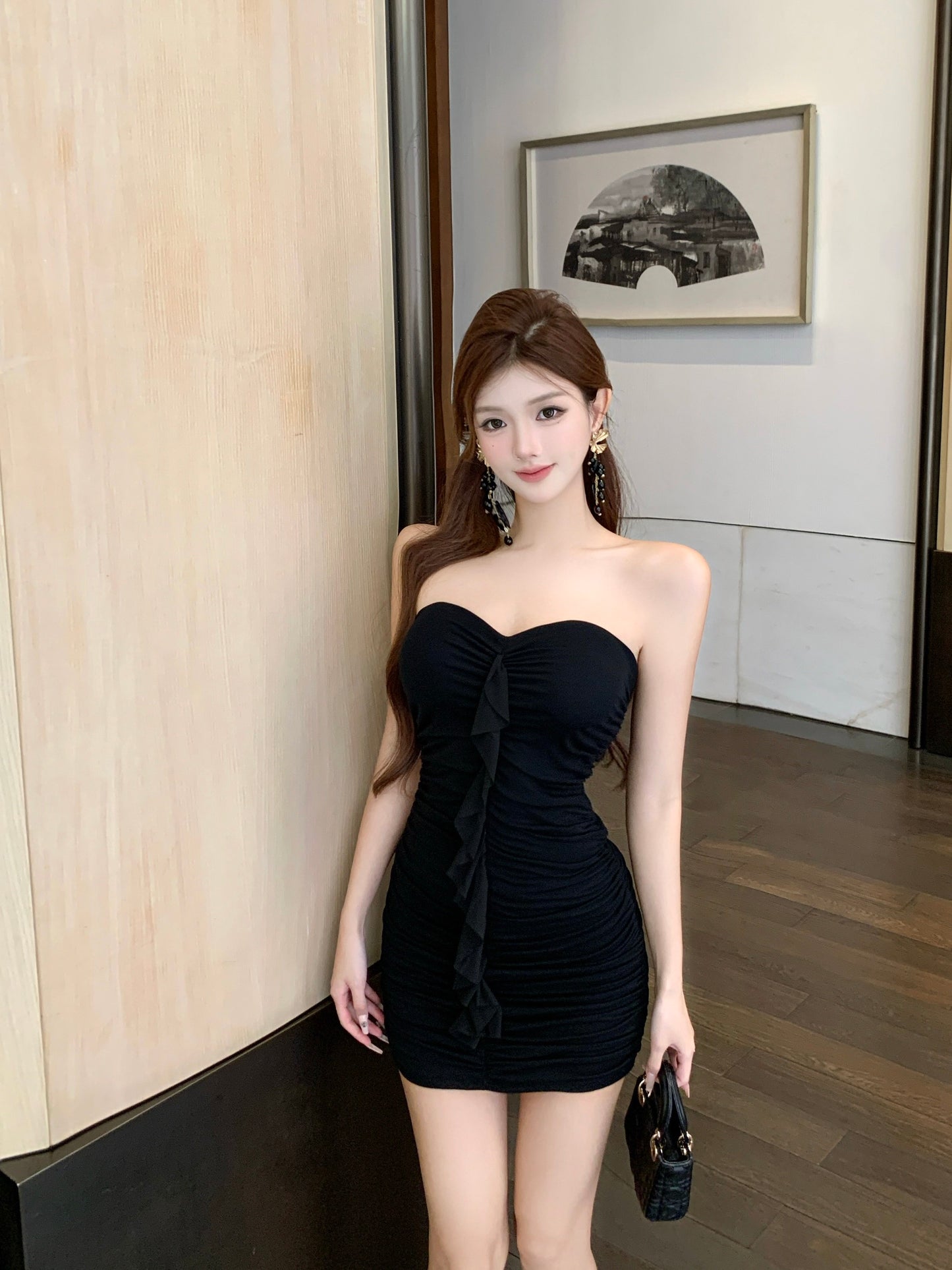Splendid Bodycon Black  Parties Outfit Mini Dress Sweet Strapless Ruffles Trim Short Dress AP3672