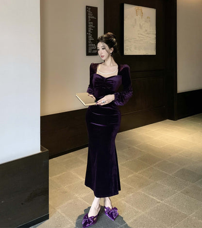 Enticing Long Sleeve Sheath Maxi Dress Elegant Square Neck Velvet Long Dress AP3673