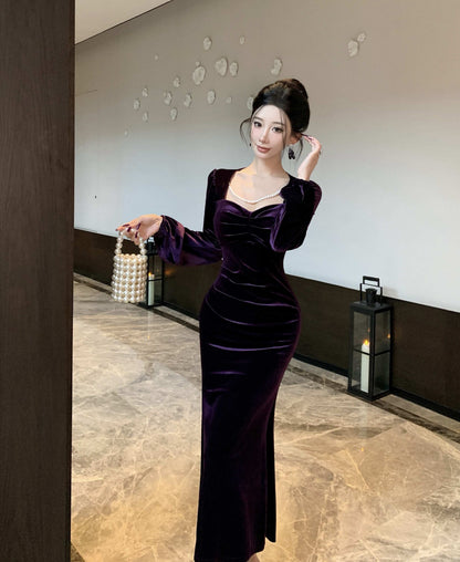 Enticing Long Sleeve Sheath Maxi Dress Elegant Square Neck Velvet Long Dress AP3673