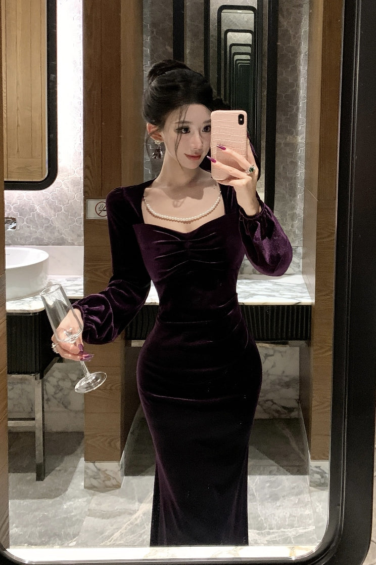 Enticing Long Sleeve Sheath Maxi Dress Elegant Square Neck Velvet Long Dress AP3673