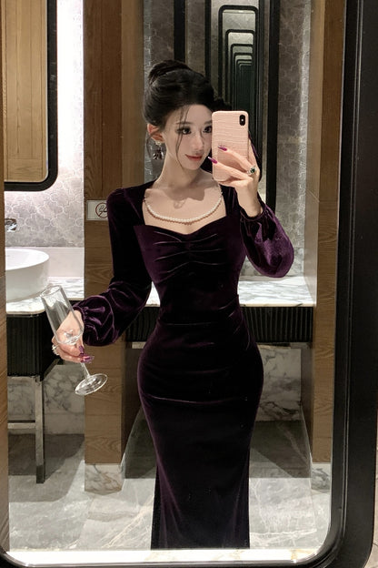 Enticing Long Sleeve Sheath Maxi Dress Elegant Square Neck Velvet Long Dress AP3673