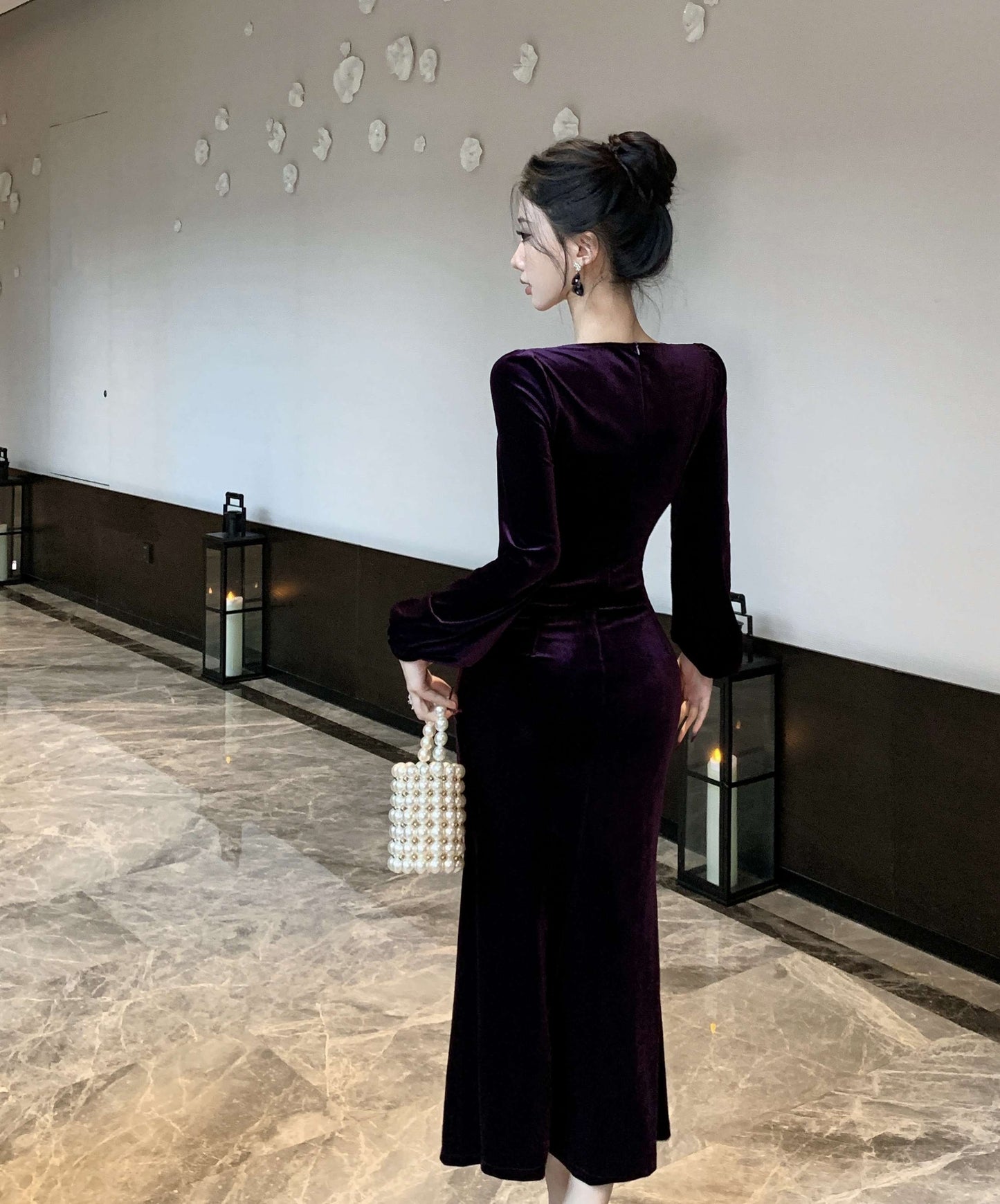 Enticing Long Sleeve Sheath Maxi Dress Elegant Square Neck Velvet Long Dress AP3673