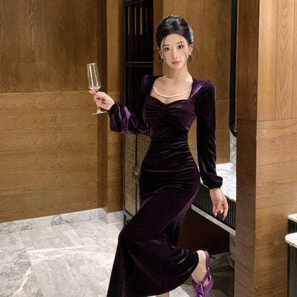 Enticing Long Sleeve Sheath Maxi Dress Elegant Square Neck Velvet Long Dress AP3673