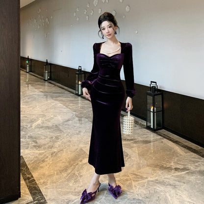 Enticing Long Sleeve Sheath Maxi Dress Elegant Square Neck Velvet Long Dress AP3673