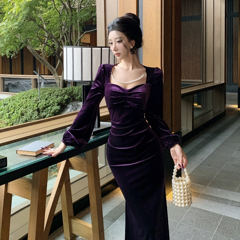 Enticing Long Sleeve Sheath Maxi Dress Elegant Square Neck Velvet Long Dress AP3673