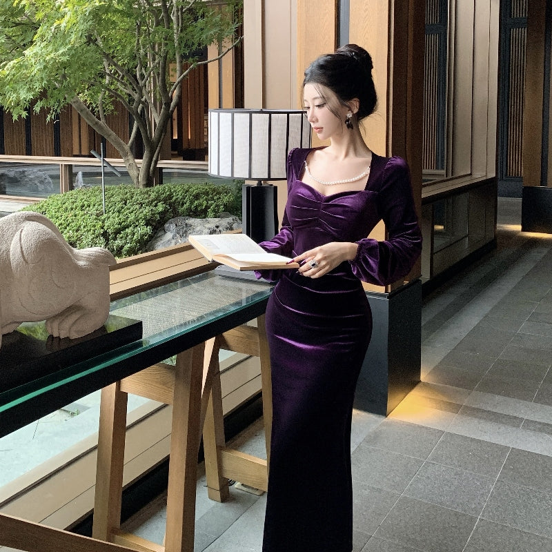 Enticing Long Sleeve Sheath Maxi Dress Elegant Square Neck Velvet Long Dress AP3673