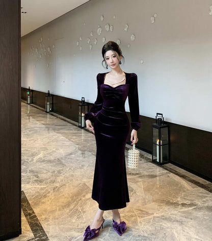 Enticing Long Sleeve Sheath Maxi Dress Elegant Square Neck Velvet Long Dress AP3673