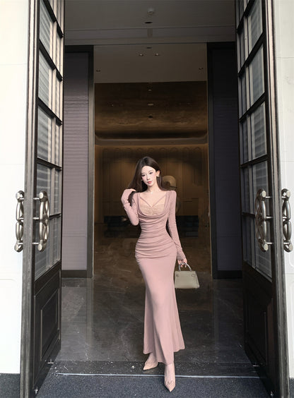 Romantic Draped Neck Mermaid Maxi Dress Vogue Long Sleeve Lace Trim Long Dress AP3674