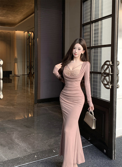 Romantic Draped Neck Mermaid Maxi Dress Vogue Long Sleeve Lace Trim Long Dress AP3674