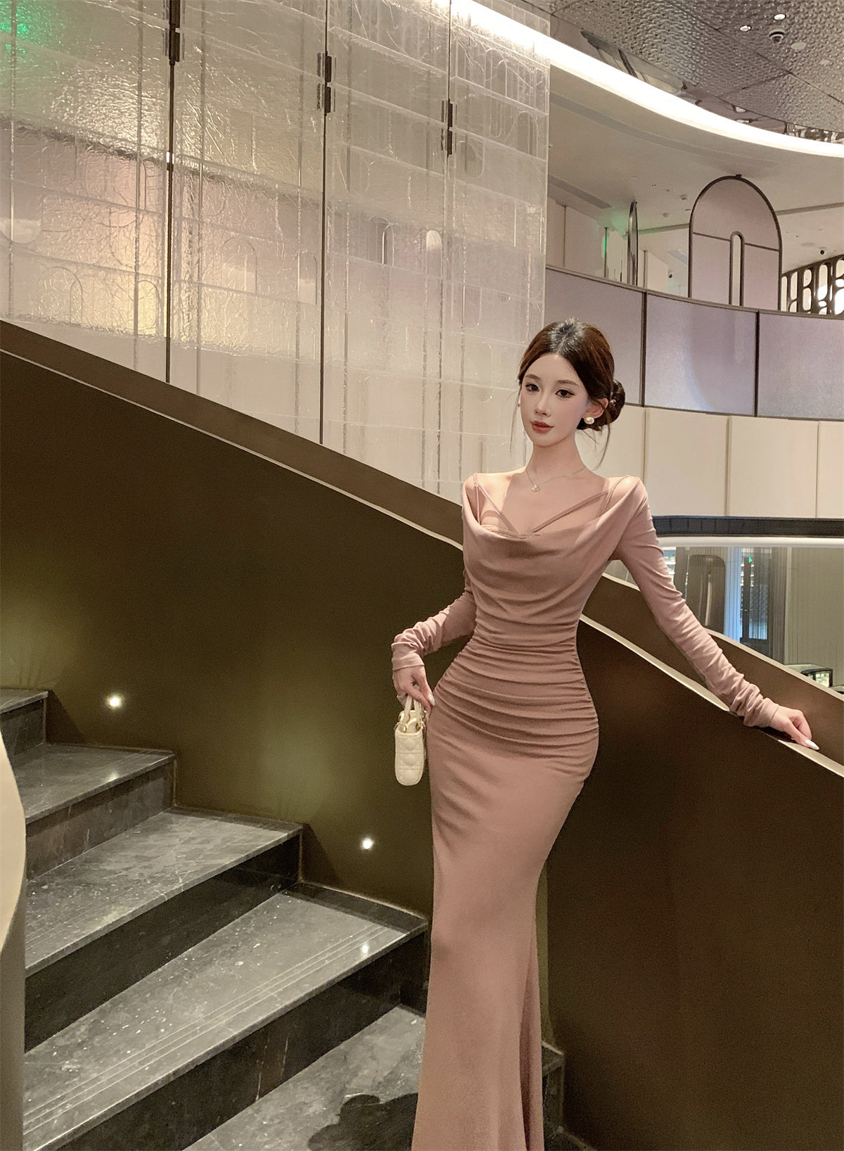 Romantic Draped Neck Mermaid Maxi Dress Vogue Long Sleeve Lace Trim Long Dress AP3674