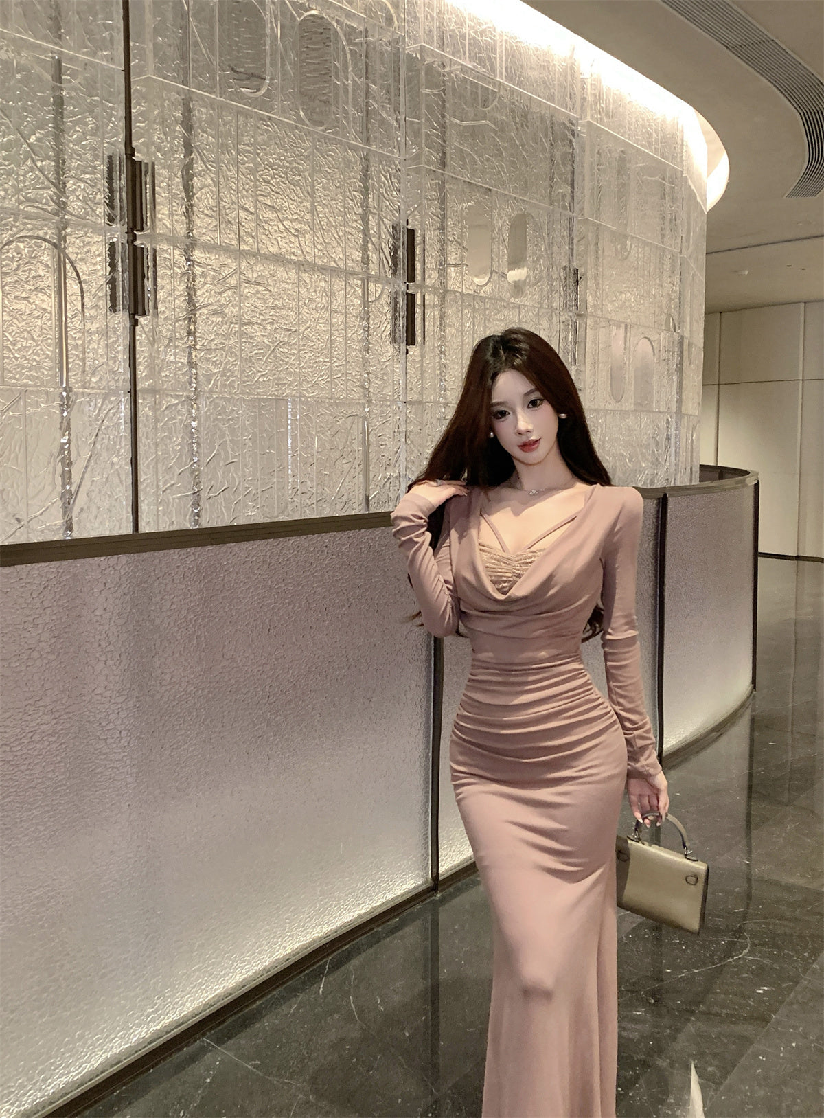 Romantic Draped Neck Mermaid Maxi Dress Vogue Long Sleeve Lace Trim Long Dress AP3674