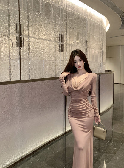 Romantic Draped Neck Mermaid Maxi Dress Vogue Long Sleeve Lace Trim Long Dress AP3674