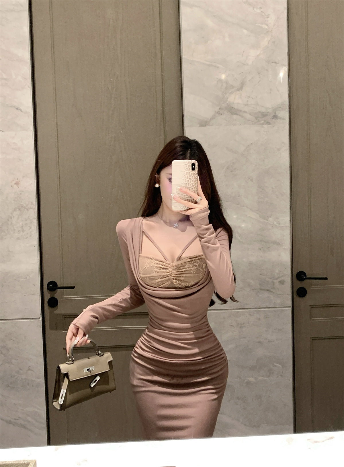 Romantic Draped Neck Mermaid Maxi Dress Vogue Long Sleeve Lace Trim Long Dress AP3674