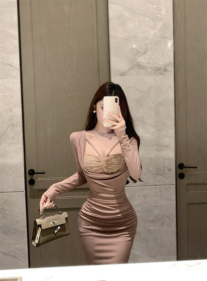 Romantic Draped Neck Mermaid Maxi Dress Vogue Long Sleeve Lace Trim Long Dress AP3674