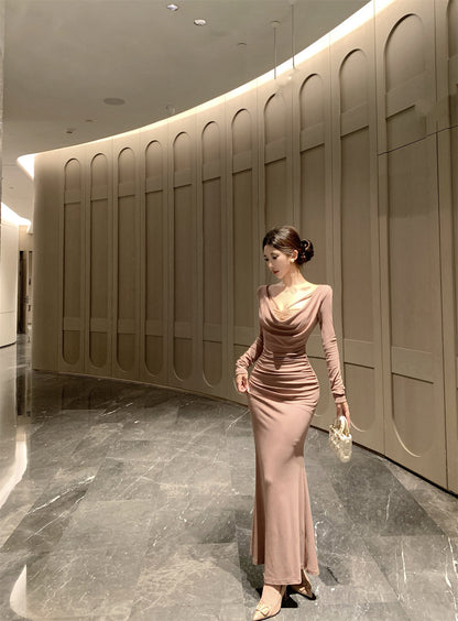 Romantic Draped Neck Mermaid Maxi Dress Vogue Long Sleeve Lace Trim Long Dress AP3674