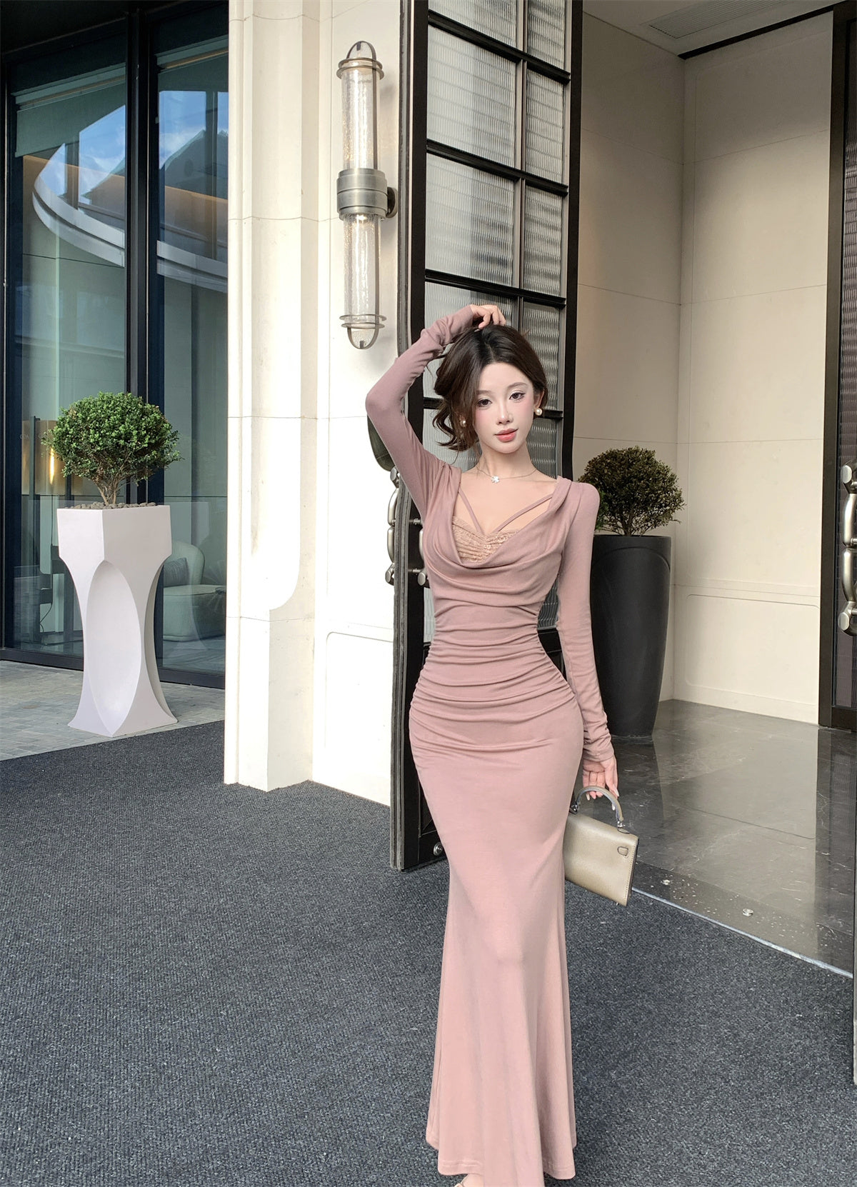 Romantic Draped Neck Mermaid Maxi Dress Vogue Long Sleeve Lace Trim Long Dress AP3674