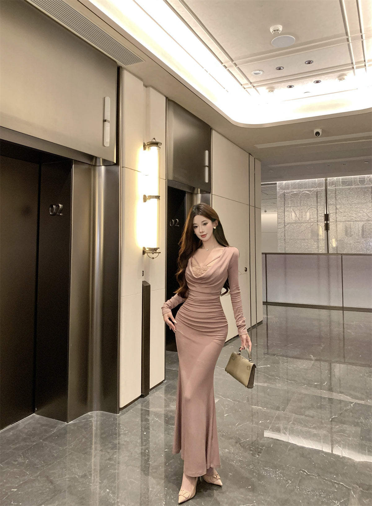 Romantic Draped Neck Mermaid Maxi Dress Vogue Long Sleeve Lace Trim Long Dress AP3674