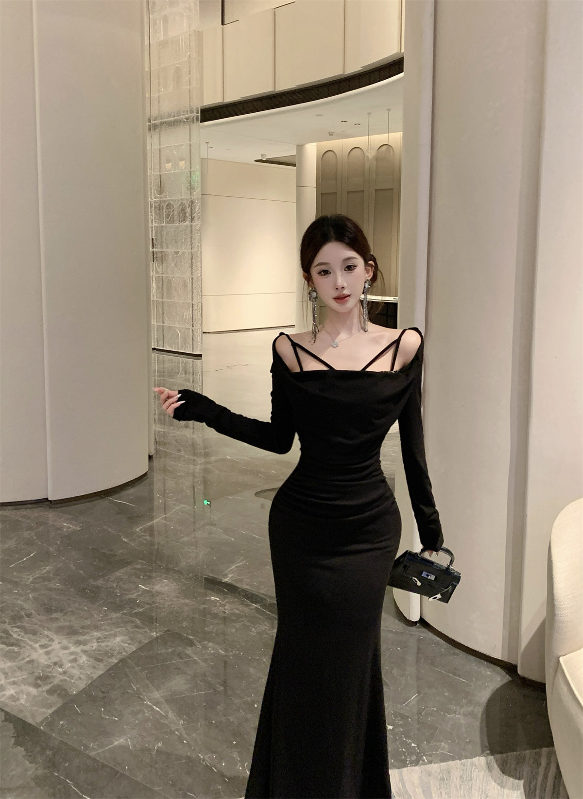 Ornate Lace Trim Mermaid Maxi Dress Playful Long Sleeve Draped Neck Long Dress AP3675