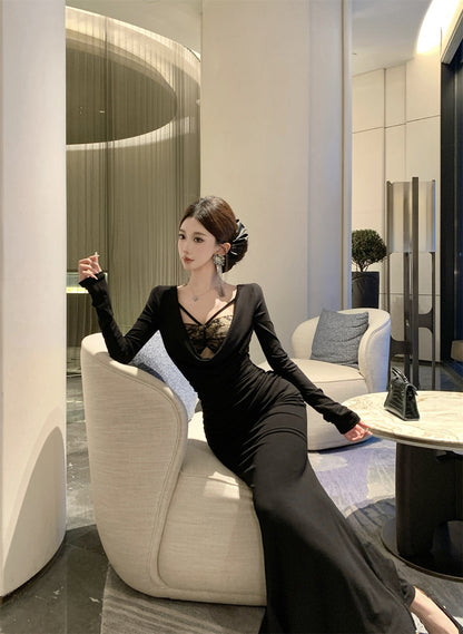 Ornate Lace Trim Mermaid Maxi Dress Playful Long Sleeve Draped Neck Long Dress AP3675