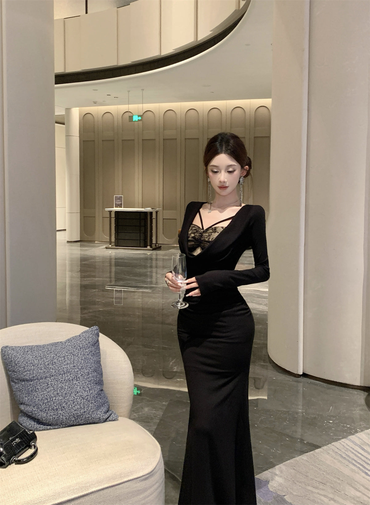 Ornate Lace Trim Mermaid Maxi Dress Playful Long Sleeve Draped Neck Long Dress AP3675