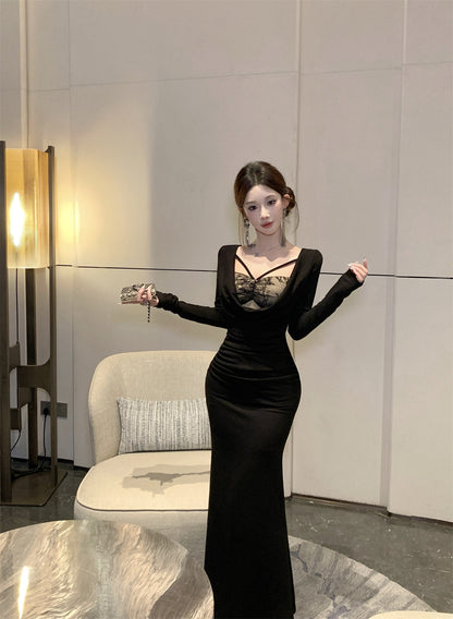 Ornate Lace Trim Mermaid Maxi Dress Playful Long Sleeve Draped Neck Long Dress AP3675