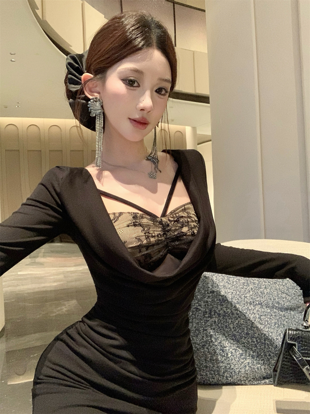 Ornate Lace Trim Mermaid Maxi Dress Playful Long Sleeve Draped Neck Long Dress AP3675