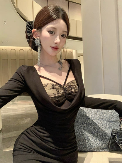 Ornate Lace Trim Mermaid Maxi Dress Playful Long Sleeve Draped Neck Long Dress AP3675