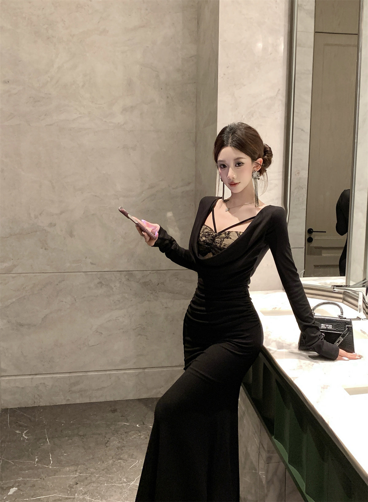 Ornate Lace Trim Mermaid Maxi Dress Playful Long Sleeve Draped Neck Long Dress AP3675